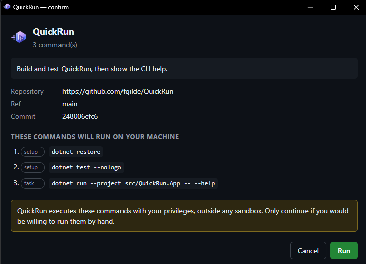 The confirmation window showing repository, ref, commit and three commands